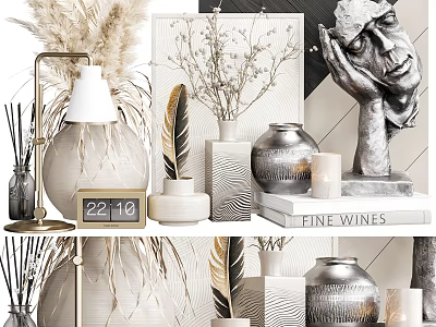 Modern Home Decor Ornament Set With Ceramic Vases Sculpture Clock And Dried Flowers 3d model