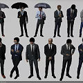 Group of People in Suits and Casual Clothes With Umbrellas and Various Poses