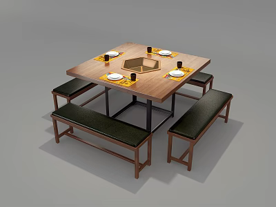 Wooden Square Dining Table Set With Central Hotpot Area And Dark Padded Benches 3d model