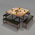 Wooden Square Dining Table Set With Central Hotpot Area And Dark Padded Benches