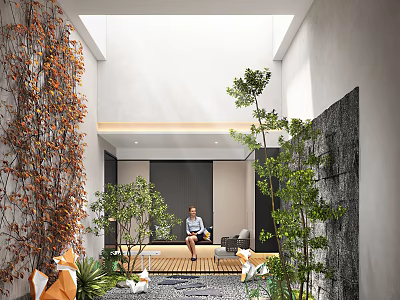 Tranquil Indoor Landscape With Orange Climbing Plants Green Trees Stone Flooring Wooden Platform And Skylight 3d model