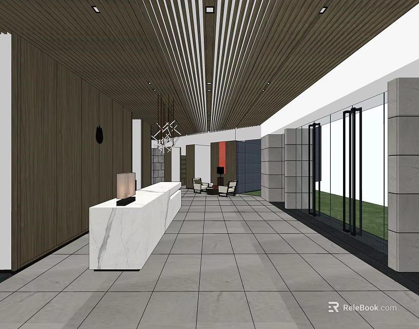 Modern Store Front Desk With Marble Counter Wooden Slat Ceiling And Gray Tile Floor 3d model 