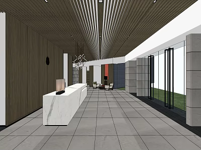 Modern Store Front Desk With Marble Counter Wooden Slat Ceiling And Gray Tile Floor 3d model