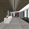 Modern Store Front Desk With Marble Counter Wooden Slat Ceiling And Gray Tile Floor