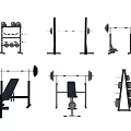 Various Gym Equipment Collection With Barbells Dumbbell Racks Bench Press And Squat Racks