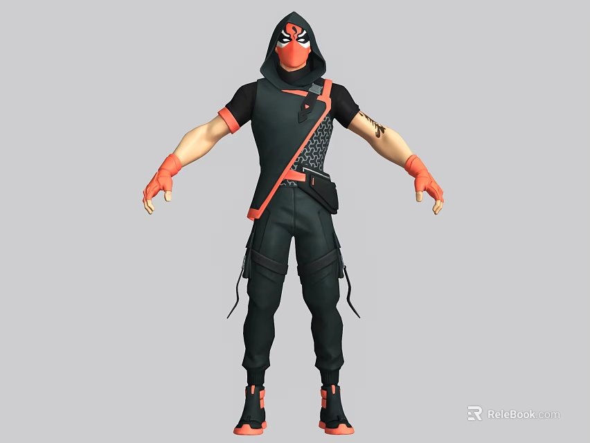 Game Movie Character In Black Red Outfit With Mask Red Gloves Tattoo And Shoes 3d model