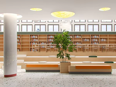 Book Art Library Space With Wooden Bookshelves Cozy Benches Green Plants And Windows 3d model
