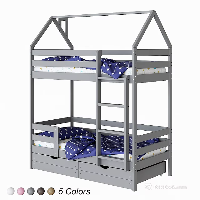 Gray Kids Bunk Bed With Ladder Blue Star Pattern Bedding And Underbed Storage Drawers 3d model 