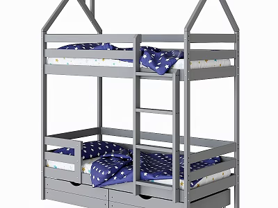 Gray Kids Bunk Bed With Ladder Blue Star Pattern Bedding And Underbed Storage Drawers 3d model