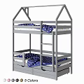 Gray Kids Bunk Bed With Ladder Blue Star Pattern Bedding And Underbed Storage Drawers