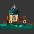 Cartoon Scene With Fish Shaped House Wooden Stairs Lifebuoy And Structure On Water