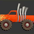 Red And Yellow Monster Truck With Flame Decals Oversized Tires And Exhaust Pipes