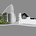 Modern Exhibition Booth With Curved White Structures Green Plants And Reception Desk