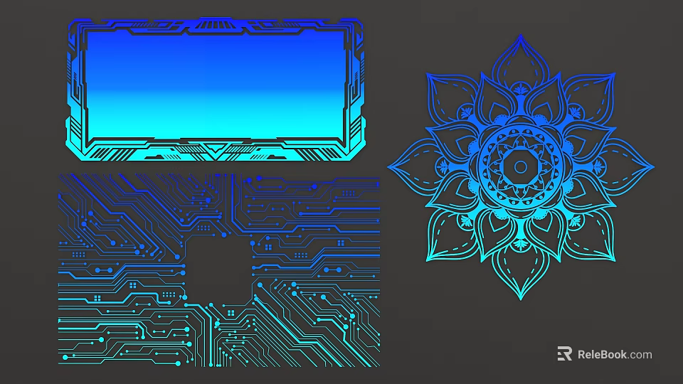 Blue Neon Circuit Board And Mandala Pattern Digital Art Design Elements 3d model 