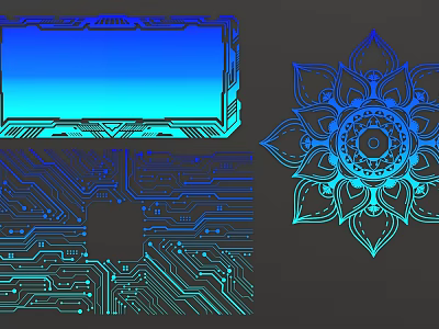 Blue Neon Circuit Board And Mandala Pattern Digital Art Design Elements 3d model