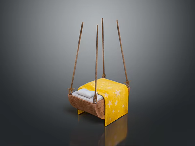 Yellow Star Patterned Cushion Swing With Wooden Seat And Brown Ropes 3d model