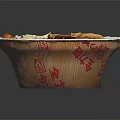 Delicious Noodle Bowl With Bean Sprouts Sauce In Red Patterned Paper Bowl