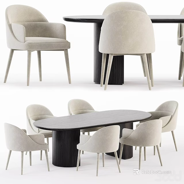 Elegant Dining Table Set With Beige Upholstered Chairs And Dark Wood Oval Tabletop 3d model 