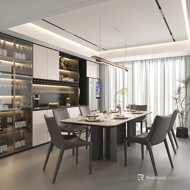 Modern Restaurant Interior Design With Dining Table Chairs Wine Cabinet And Hanging Light 3d model