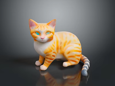 Orange And White Striped Cat With Blue Eyes Sitting On Black Surface With Reflection 3d model