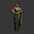 Woman In Green Saree With Red Borders Standing Against Dark Background