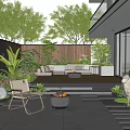 Modern Garden With Wooden Deck Sofa Fire Pit Green Plants Lawn And Sheep Sculpture