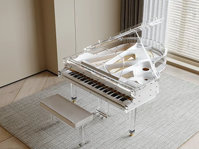 Transparent White Grand Piano Musical Instrument with Clear Lid and White Bench on Gray Carpet 3d model