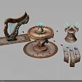 Elaborate Fantasy Decorative Pieces Featuring Golden Harp Blue Gemstones and Scattered Pink Petals