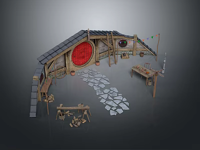 Rustic Craft Workshop Interior With Arched Roof Red Circle Decor And Stone Slab Floor 3d model