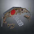 Rustic Craft Workshop Interior With Arched Roof Red Circle Decor And Stone Slab Floor 3d model