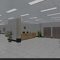 Modern Lobby Interior With Reception Desk Two People Green Plants Tile Floor And Ceiling Lights