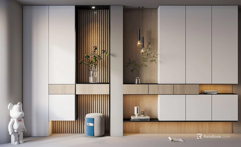 Modern Minimalist Shoe Cabinet Design With White And Wooden Finish In Living Room Interior 3d model 