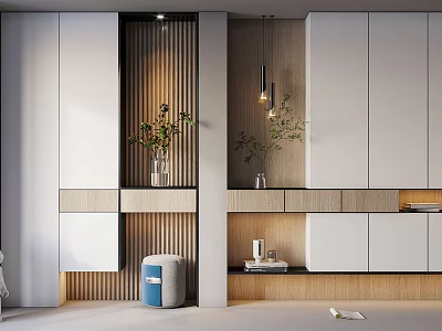 Modern Minimalist Shoe Cabinet Design With White And Wooden Finish In Living Room Interior 3d model