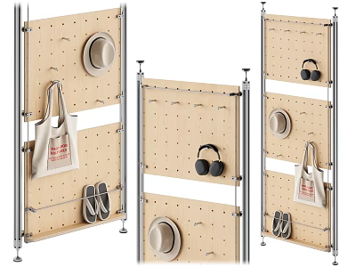 Pegboard Organizational Storage Shelf with Metal Frame Hanging Hat Tote Bag Headphones And Shoes 3d model