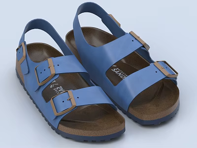 Blue Leather Sandals with Double Straps and Metal Buckles on Rubber Soles 3d model