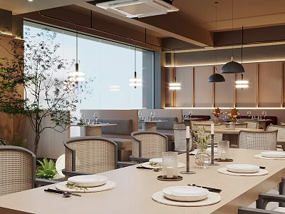 Modern Restaurant Interior With Dining Tables Hanging Lights Plants And Comfortable Seats 3d model
