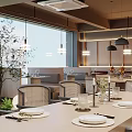 Modern Restaurant Interior With Dining Tables Hanging Lights Plants And Comfortable Seats