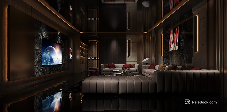 Elegant Modern KTV Interior With Luxurious Sofas Large Screen TV Lighting Decor And Marble Walls 3d model