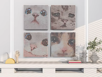 Four Square Grid Pattern Canvas Paintings as Wall Decor with Shelf Ornaments and Plant 3d model