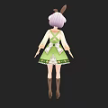 Anime Girl Character With Rabbit Ears White Hair Blue Eyes Green Apron Outfit