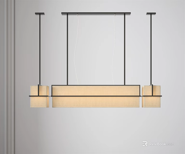 Modern Linear Pendant Light With Three Woven Textured Shades And Black Metal Frame 3d model 