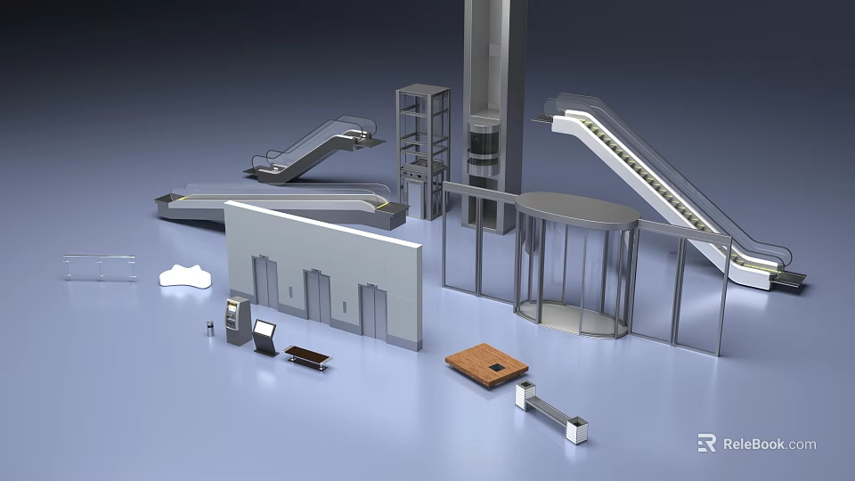 Modern Public Facilities With Escalators Elevators Revolving Door Information Desk And Security Check Points 3d model 