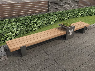 Wooden Outdoor Landscape Bench With Green Plants Brick Wall And Trash Bin On Stone Pavement 3d model
