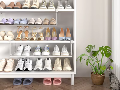 White Multi Tiered Shoe Cabinet Interior With Sneakers High Heels And Slippers 3d model