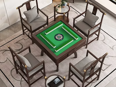 Traditional Mahjong Entertainment Table With Green Tabletop Wooden Frame And Four Chairs 3d model
