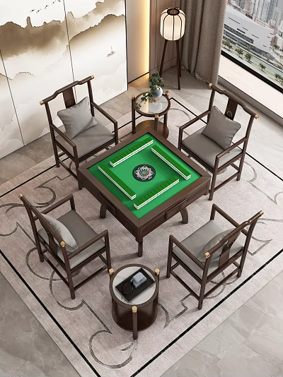 Traditional Mahjong Entertainment Table With Green Tabletop Wooden Frame And Four Chairs 3d model
