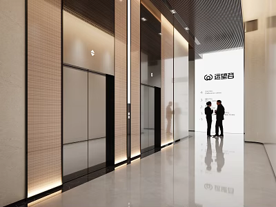 Modern Elevator Lobby With Illuminated Walls Marble Floor And People Chatting 3d model