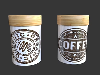 Two Coffee Canisters with Wooden Lids Organic Premium Quality Labels 3d model