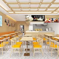Bright Restaurant Interior With Wooden Lattice Ceiling Blue Mural Yellow Chairs And Open Counter