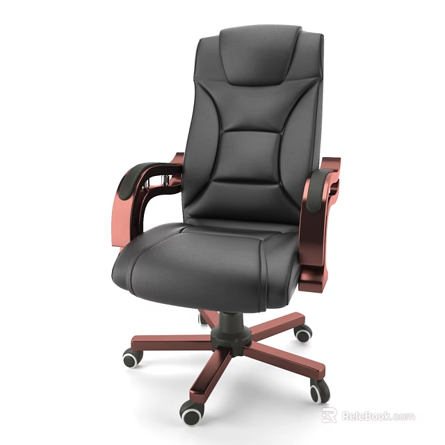 Black Leather Office Chair with Red Armrests Ergonomic Swivel Base and Wheels 3d model 